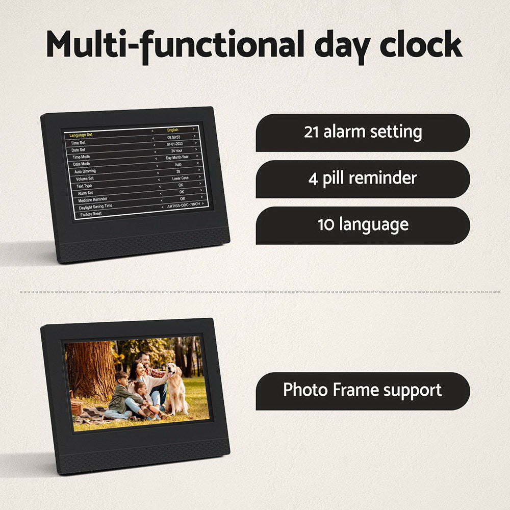 Artiss 7inches Digital Day Clock Calendar Alarm Black