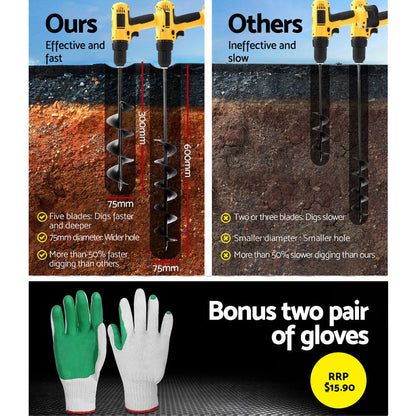 Giantz Power Garden Spiral Auger Hole Digger Earth Drill Bit 桅75x300 & 600mm